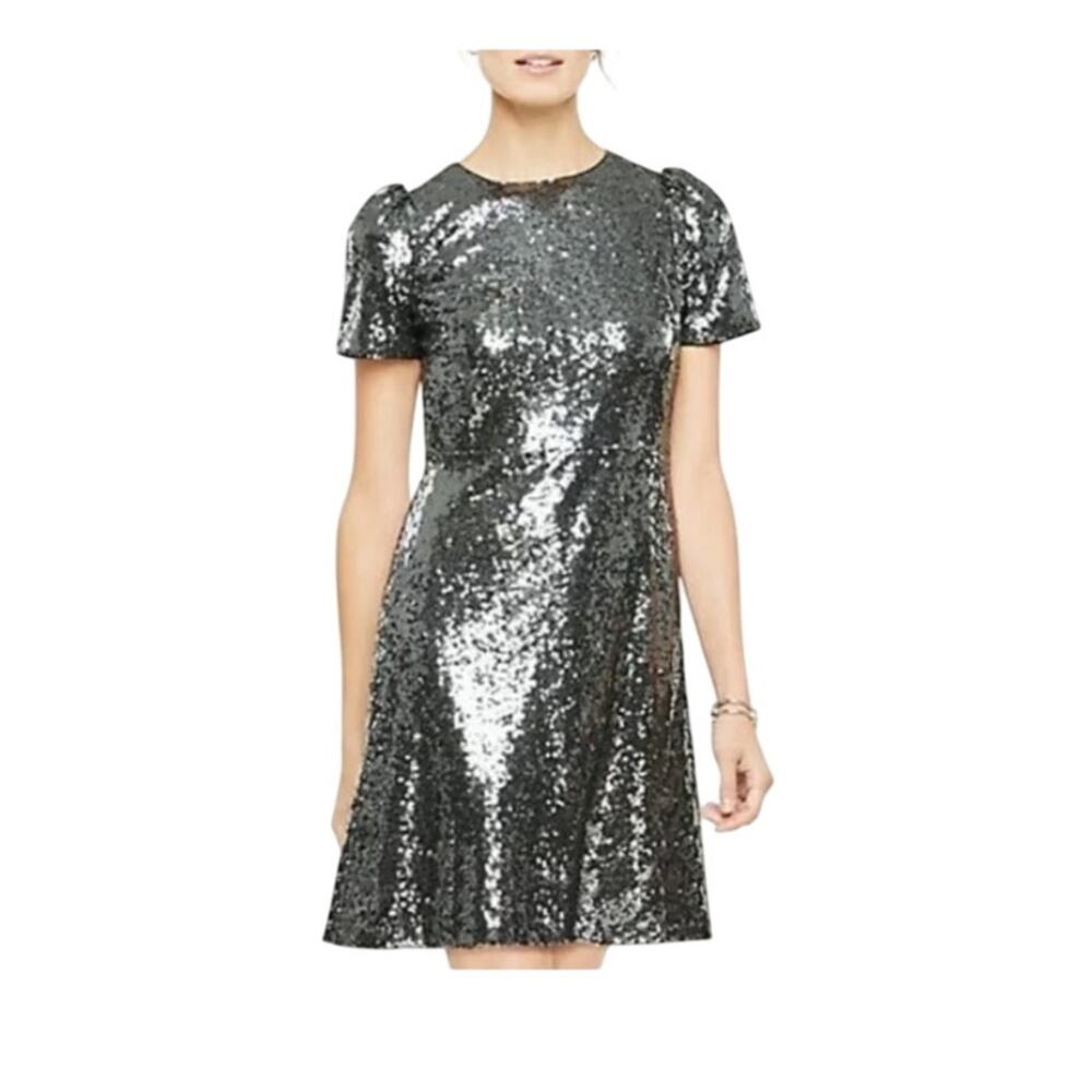 Ann Taylor Cocktail Disco Glam Metallic Pewter Gray Sequin Dress Size 0